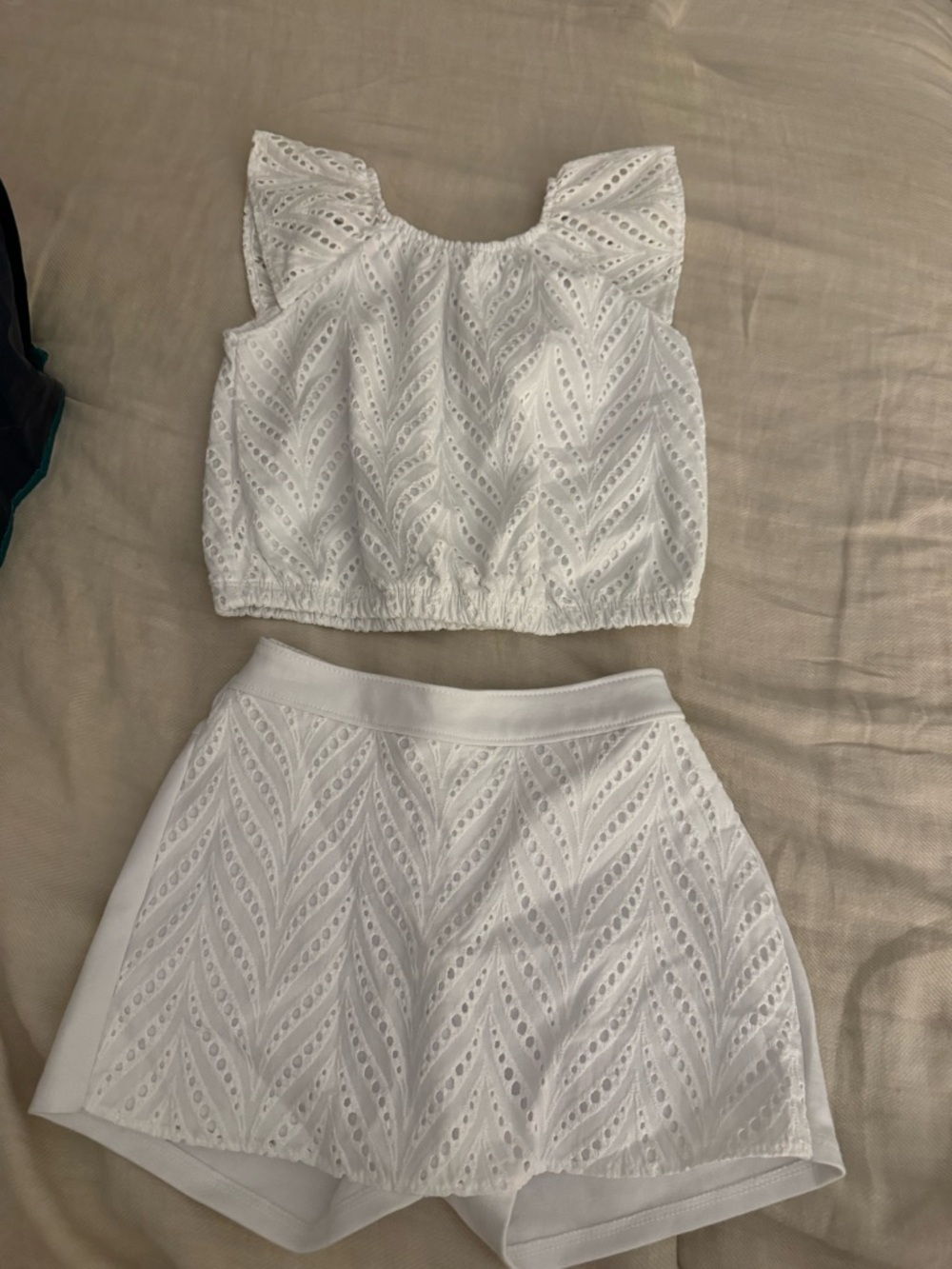 White Eyelet Two-Piece Set - Crop Top & Skirted Shorts